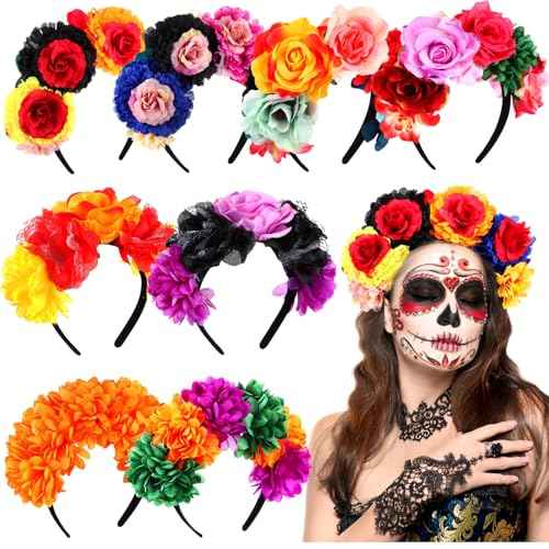 Zeyune Mexican Flower Headband Fiesta Rose Flower Crown Costume Mexican Headpiece for Women Party Cosplay Halloween(Bright Color,8 Pcs)