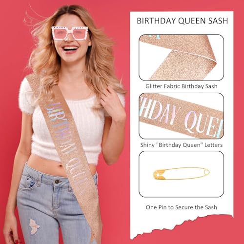 Rose Gold Birthday Queen Sash & Glasses Set