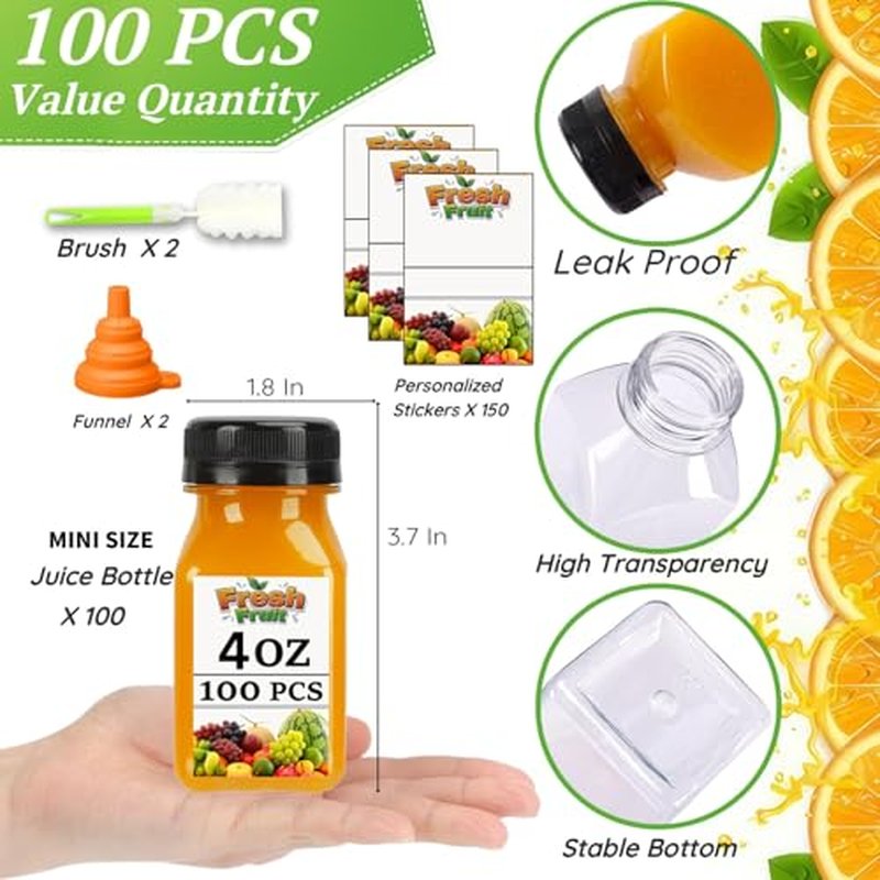 100 Pack 4oz Clear Plastic Juice Bottles with Caps & Labels