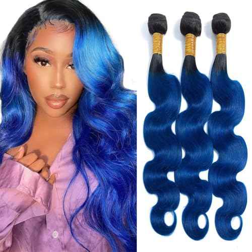 Human Hair Bundles T1B/Blue Color Body Wave Bundles Unprocessed Brazilian Virgin Human Hair 10 12 14 Inch 3 Bundles Quick Weave Human Hair Extensions (T1B/Blue Body Wave, 10 12 14)