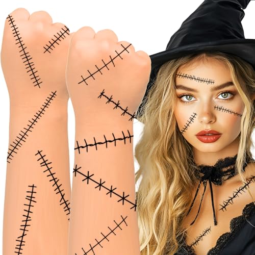 winthrop 8 Sheets Halloween Stitched Scar Temporary Tattoos, Large Size Fake Stitches & Wound Tattoos, Realistic Waterproof Horror Makeup Stickers for Halloween Costume, Cosplay&Party Supplies