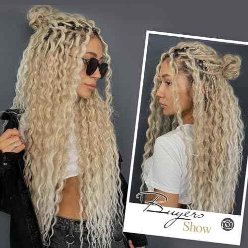 WIGER Full Set Double Ended Platinum Blonde Curly Dreads Extension for Women DE Blonde Wavy Dreadlock Handmade Synthetic Soft Dreadlock Crochet Hair (50 Strands Curly Dreads, 613)