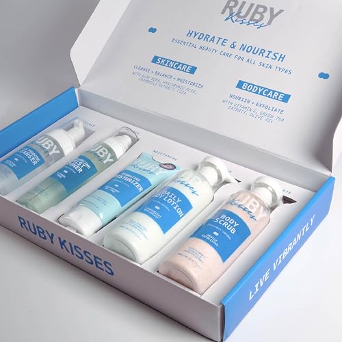Ruby Kisses Complete Hydration Skincare Set, Face & Body Essentials, Includes Daily Foaming Cleanser, Balancing Mist Toner, Daily Body Lotion, Gentle Body Scrub, Korean Skincare