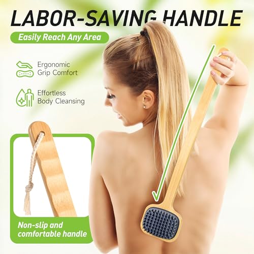 Bath Brush with Long Bamboo Handle, Soft Bristles (21.65 inch)