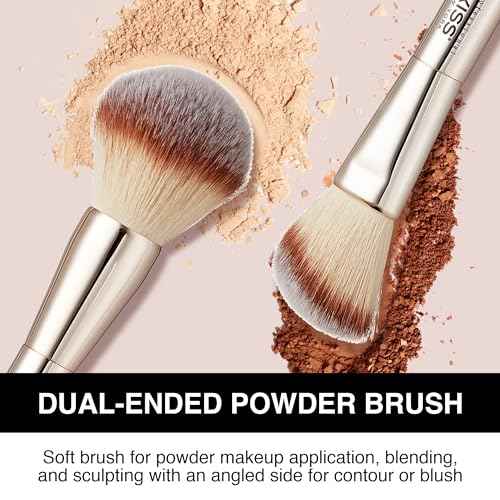 KISS NEW YORK Professional Dual Ended Powder Brush, All Over Face Application, Easy Sculped Look with Angled Powder Brush for Blush, Setting Powder, Contour