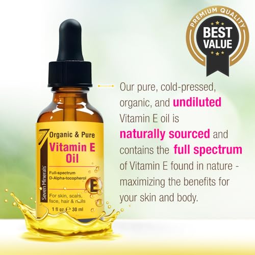 Seven Minerals Ultra Pure Vitamin E Oil - Full-Spectrum D-Alpha Tocopherol per 4 Oz Bottle - 100% Organic Vitamin E Oil for Skin, Face, Hair and Scars - Naturally Occurring:Not Synthetic. (Pack of 2)