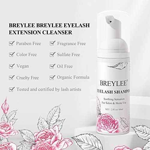 BREYLEE Eyelash Cleanser, Shampoo Foam & Brushes Eyelid Cleanser for Makeup Remover Paraben & Sulfate Free for Salon and Home Use(60ml, 2 fl oz)