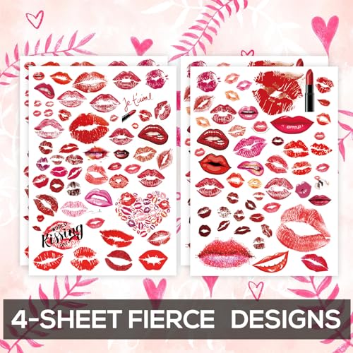 Kiss Lips Temporary Tattoo Stickers – 4-Pack, 200+ Designs