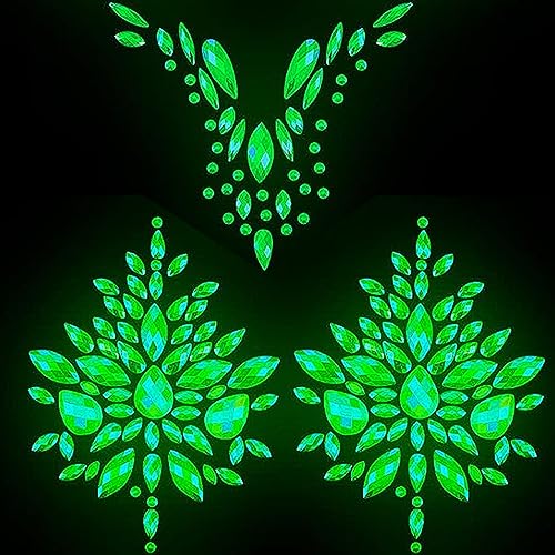 Glow in The Dark Body Gems Stick on Luminous Body Jewery Glitter Women Makeup for Festival Party, 2-Pack