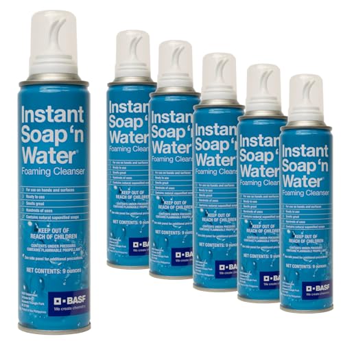 BASF Instant Soap 'n Water, Foaming Hand Cleanser, Ready to Use No Rinse Subtle Scent Skin Cleaner, On the Go, Home, Work, Travel, Up to 100 Washes, (6) 9 oz