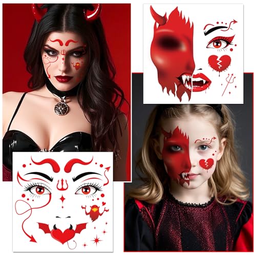 Red Devil Face Temporary Tattoos with Diamond Stickers - 4 Sheets