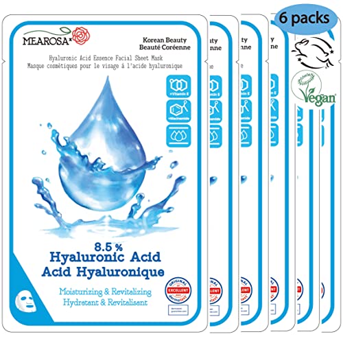 MEAROSA* Dermatologically tested, 8.5% Hyaluronic Acid, Niacinamide, Vitamin E Vegan Formula Essence facial sheet masks Premium Quality Sensitive Skin [6Sheets]