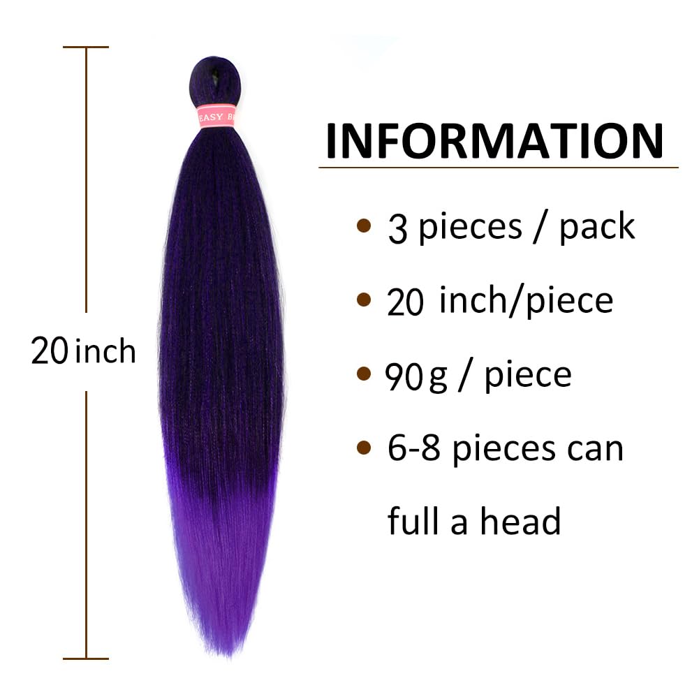 AFNOTE Pre Stretched Braiding Hair Extensions for Braids 20 Inch 3 Packs Ombre Purple Braiding Hair Pre Stretched Synthetic Soft Prestretched Braid Hair Extension Hot Water Setting-Black/Purple