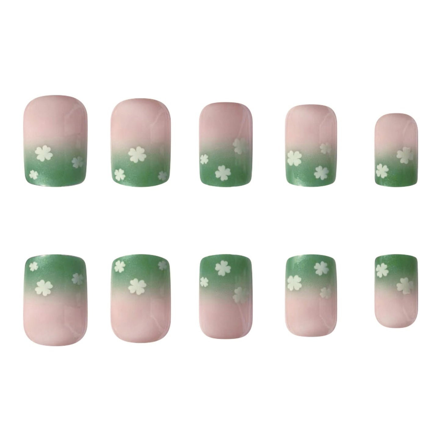 SINHOT St. Patrick's Day Press on Nails Short Square Spring Nails Shamrock French Fake Nails with Glue Green Nails False Nails Squoval Acrylic Nails 24pcs