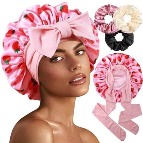 1+3 Large Satin Bonnets with Scrunchies for Women, Double Layer Hair Bonnet Tie Bonnet for Sleeping Braids Curly Hair