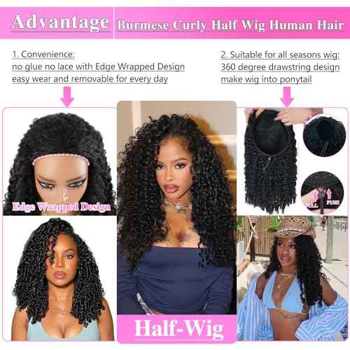 24 Inch Burmese Curly Half Wig 200 Density Seamless Flip Over Wig Glueless Human Hair Curly 3 In 1 Half Wigs Wear and Go Drawstring Headband Wig for Women Beginner Friendly