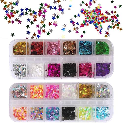 EBANKU Star Glitter Confetti, 24 Boxes Stars Holographic Sequins 3D Laser Glitter Nail Art Flakes Colorful Nail Glitter Manicure Decals Nail Decoration