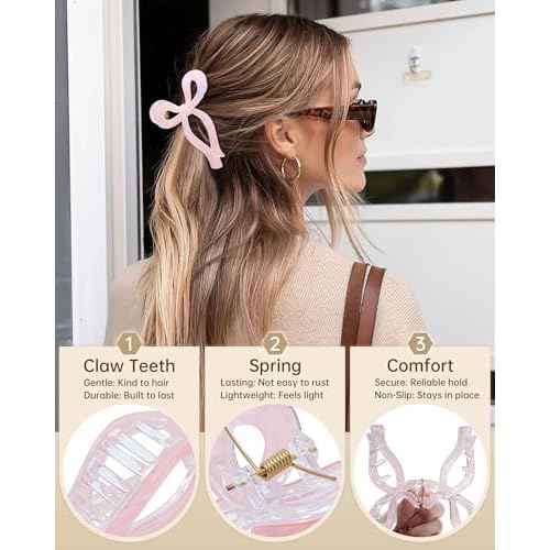 Mesovor 4 Pack Elegant Bow Hair Claw Clips, Nonslip 4.3" Large Hair Grip Hairclips for Thin and Thick | Acrylic Hair Strong Hold Hair Jaw Clamps (Mermaid Stripes)