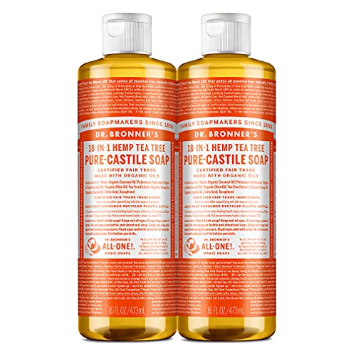 Dr. Bronner's - Pure-Castile Liquid Soap (Tea Tree, 16 ounce, 2-Pack) - Made with Organic Oils, 18-in-1 Uses: Acne-Prone Skin, Dandruff, Laundry, Pets and Dishes, Concentrated, Vegan