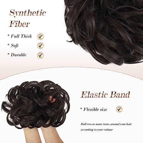 FESHFEN Messy Bun Hair Piece Hair Bun Scrunchies Synthetic Medium Brown Wavy Curly Chignon Ponytail Hair Extensions Thick Updo Hairpieces for Women Girls 1PCS