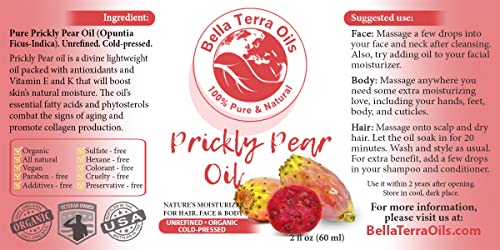 Bella Terra Oils - Prickly Pear Seed Oil 2oz - The Essence of Prickly Pear Cactus, A Haven of Vitamin A & Magnesium, an Elegant Addition to Your Routine