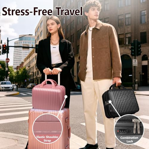 14 Inch Makeup Train Case with Lock Hard Shell Cosmetic Travel Case w Elastic Strap, ABS Portable Toiletry Bag for Toiletries Make up Storage Case Gift for Women Adult