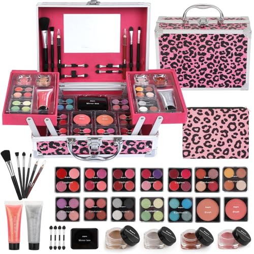 Anpro All-In-One Leopord Double Folding Makeup Kit with Case, Pro Teen Makeup Set, Full Starter Kit with Makeup Brushes, Lipsticks, Eyeshadow Palette, Blushes, Glitter Gel, Ideal Present for Girls