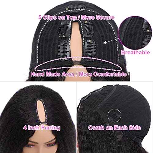 V Part Wig Human Hair Wigs for Black Women Kinky Straight V Part Wig 12A Virgin Hair Half Wigs for Women No Lace Upgrade U Part Human Hair Wigs Full Head Clip in Half Wig V Shape Wigs (14inch)