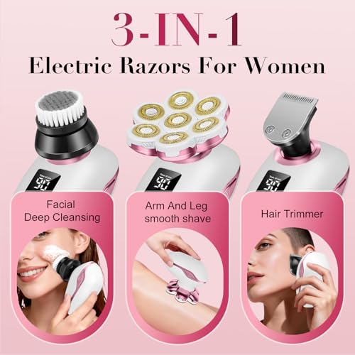 Women's 3-in-1 Electric Shaver with Facial Cleansing Brush - Painless Bikini & Body Hair Remover, Water-Resistant, Rechargeable