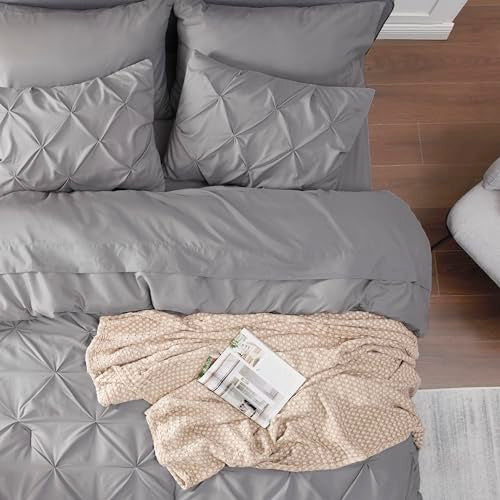 Bedsure Twin Comforter Set with Sheets - 5 Pieces Bedding Sets, Pinch Pleat Grey Bed in a Bag with Comforter, Pillowcase & Sham