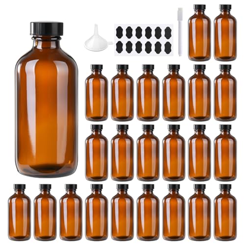 24 Pack 4 oz Amber Boston Glass Bottles with Black Caps for Homemade Extracts