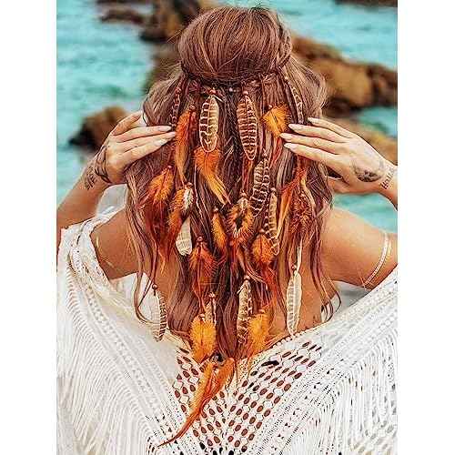 Boho Festival Feather Headband Bohemian Gypsy Long Hair Accessories with Beads Hippie Headpiece for Women (Pattern 1)