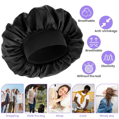 Silk Bonnet for Men and Women - Satin Sleep Cap with Elastic Band, Black Variation