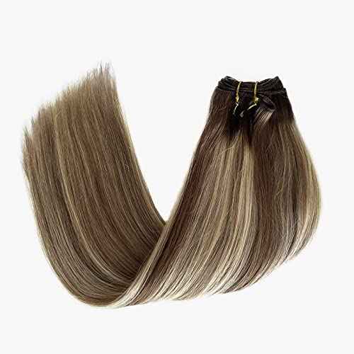 Hair Wefts Extensions Sew in Remy Hair Double Weft Human Hair Weave Brown Roots to Ash Brown with Bleach Blonde Highlights Sew in Human Hair Extensions 20 inch 100g for Women
