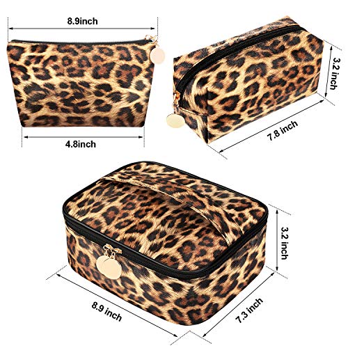 Boao 3 Pcs Leopard Print Cosmetic Bag Set Cheetah Toiletry Travel Makeup Organizer Portable Waterproof Makeup Pouch with Zipper for Women Brush Case Multifunction Purse Handbag