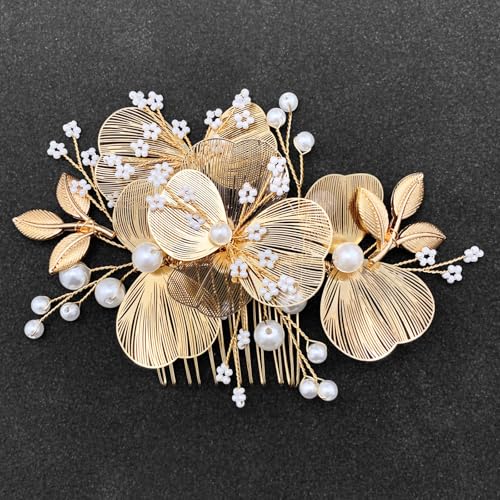 Gold Pearl Flower Hair Comb for Bride Wedding