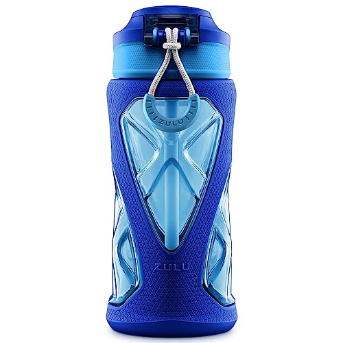 ZULU Torque 16oz Plastic Kids Water Bottle with Silicone Sleeve and Leak-Proof Locking Flip Lid and Soft Touch Carry Loop for School Backpack, Lunchbox, Outdoor Sports, Dishwasher Safe, Mojo Blue