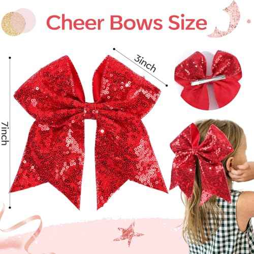 OAOLEER 2PCS Glitter Cheer Hair Bow Clips for Girls, 7 inch Red Sequin Large Hair Bows Hair Accessories for Girls Teen Softball Cheerleader (Red)