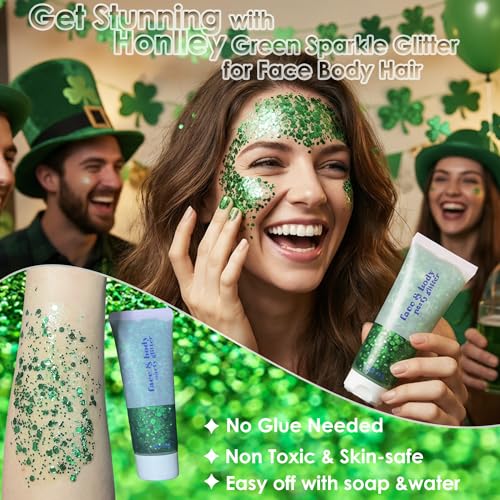 St. Patrick¡¯s Day Party Accessories Outfit for Women- Green Chunky Face Body Hair Glitter, Green Bead Necklaces Bracelets, Shamrock Sunglasses - Irish Saint Paddy Decor Party Favors Supplies