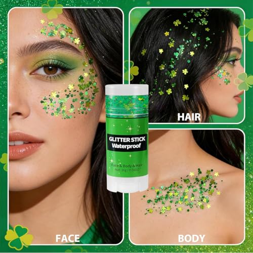19PCS St Patricks Day Accessories Party Favor Set | Shamrock Green Face & Body Glitter Makeup, Green Glasses, Necklaces & Bracelets | Irish Throw Party Makeup Accessories & Dress-Up Costume Decor