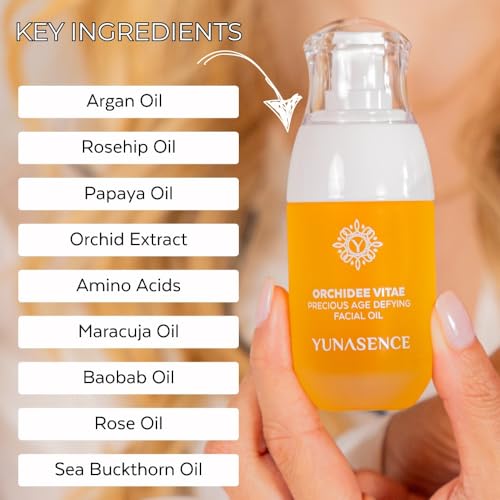 YUNASENCE ORCHIDEE VITAE Precious Organic Anti-Aging Facial Oil Serum, Face oil with Orchid Flower, Argan, Maracuja, Papaya, Vitamin C, 1oz