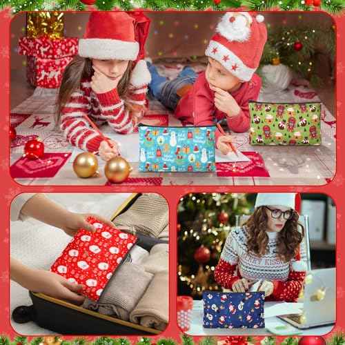 Meanplan 24 Pcs Christmas Cosmetic Bags Christmas Canvas Travel Makeup Bags Snowman Snowflake Santa Cosmetic Organizer with Zipper for Women Girl Xmas Party Gifts Supplies