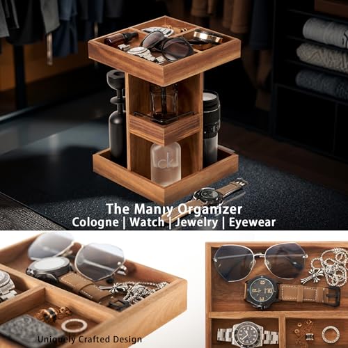 Cologne Organizer for Men, Solid Acacia Wood 3-Tier Rotating Stand - Natural Grain Bathroom & Vanity Organizition for Perfume & Skincare, Premium Desk Decor, Unique Birthday Gifts