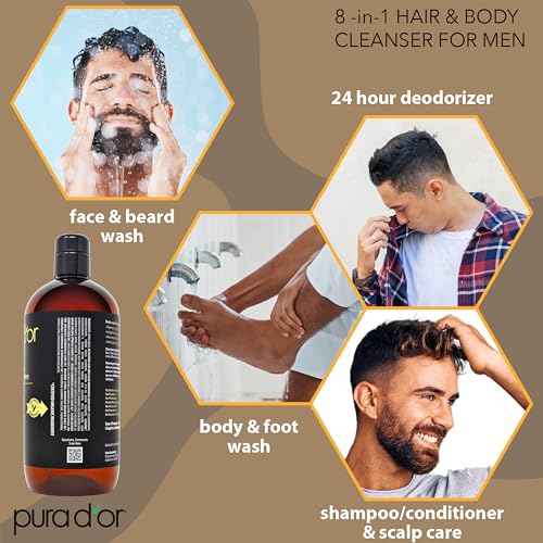 PURA D'OR 24 Oz 8-in-1 Hair & Body Cleanser For Men ? Sulfate-Free, Multi-Use Wash for Hair, Face, Beard & Body, with Organic Aloe Vera, Cedarwood & Lemongrass, Energizing & Deodorizing Formula