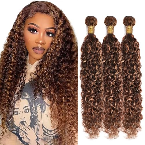 Freiuoke 300g Water Wave Human Hair Bundles - Brown Highlights 20-24 Inch