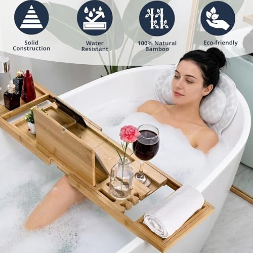 Bath Tray for Tub and Ergonomic Pillow Premium - Caddy Expandable 29 to 42.5 Inch -Foldable Bamboo Wood Tub Organizer - Luxury Bathtub Tray Wood Bamboo