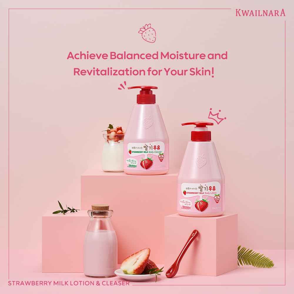 Kwailnara WELCOS Strawberry Milk Body Lotion & Body Wash Set – Moisturizing & Revitalizing Korean Skincare Set with Strawberry Extract, 560g / 19.75oz Each