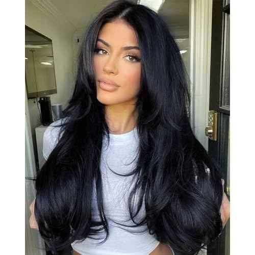 Joedir 28" Long Straight 13x4 Lace Frontal Wigs for Black Women Free Part Lace Front Wigs with Baby Hair Natural Hairline Black Root Easy-360 Synthetic Hair Wig Heat Resistant Fiber (Jet Black)