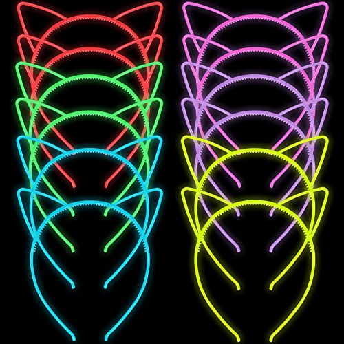 Glow in the Dark Cat Ears Headbands, 12pcs Plastic Light Up Hair Bands for Girls Party