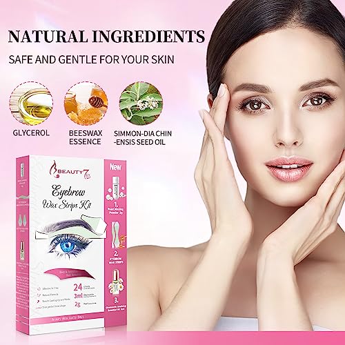 Beauty7 Hair Removal Kit, Eyebrow Wax Strips Kit Facial Wax Strips 24 Strips with Pearl Powder Essential Oil for Sensitive All Skin Types Women